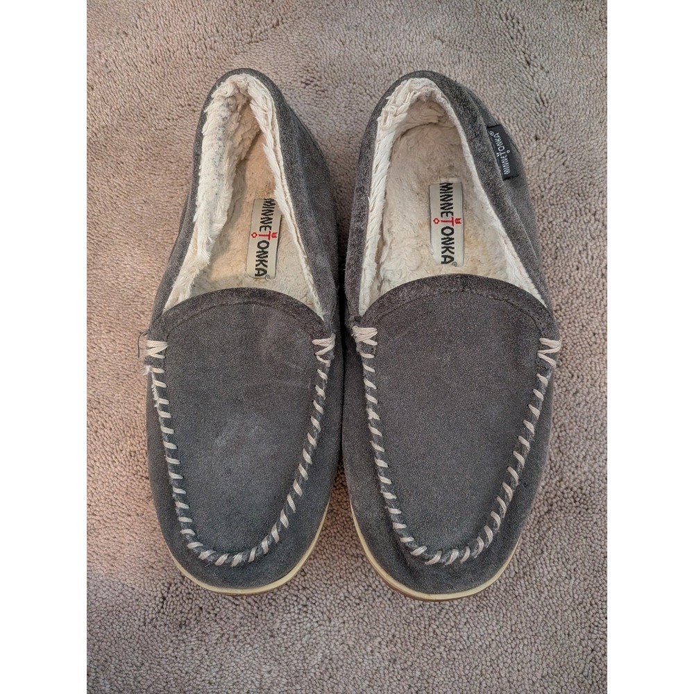 Minnetonka Mens Grey Suede Faux Fur Lined Moccasin Slippers 40125W Size 11W